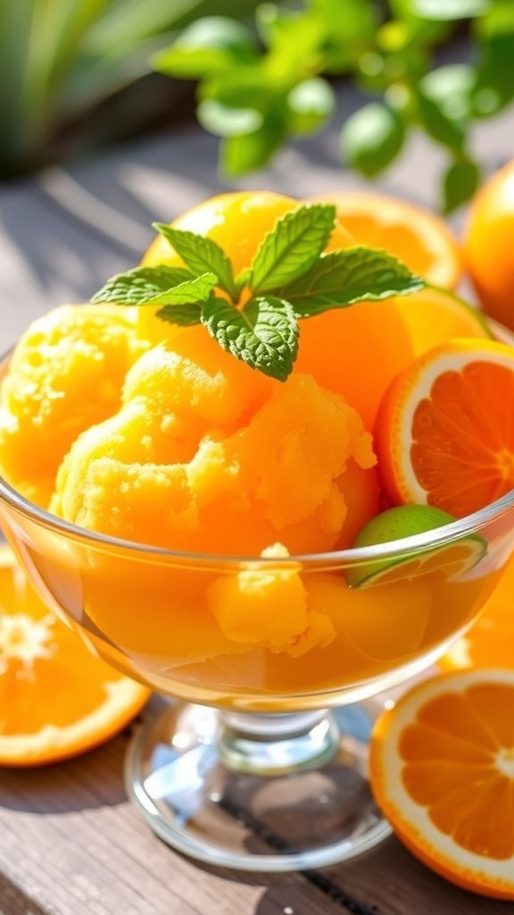 A bowl of colorful citrus sorbet garnished with mint and citrus slices, set in a sunny outdoor environment.